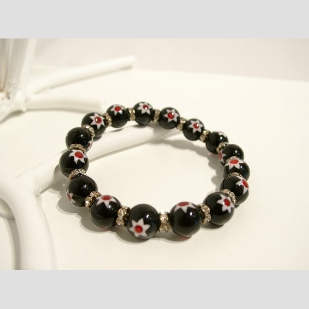 Armband - Glas Armband - Schwarz Millefiori Glasperlen - Sterne/Diamant