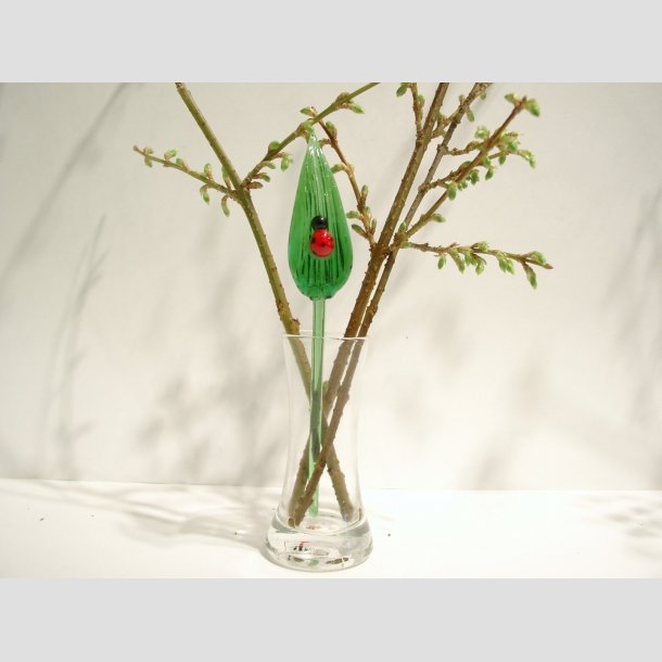 Blomsterblade - Grn Glas Blomster blade Med Mariehne - 16-17cm - 1 St Med 3 Stk 1 stk