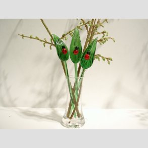 Blomsterblade - Grn Glas Blomster blade Med Mariehne - 16-17cm - 1 St Med 3 Stk