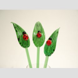 Blomsterblade - Grn Glas Blomster blade Med Mariehne - 16-17cm - 1 St Med 3 Stk