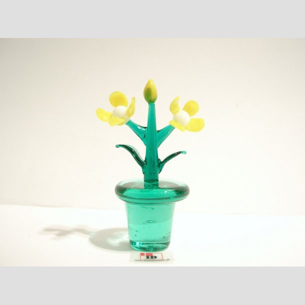 Blomster - Glas Blomst i Potte - Gul/Hvid - 8cm Gul