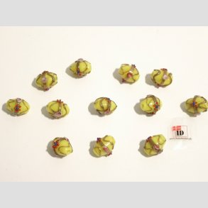 Renssance Glas Perler - Hndlavet Ovale Med Guld Strib/Blomst/Prik - Gule - 1,6cm