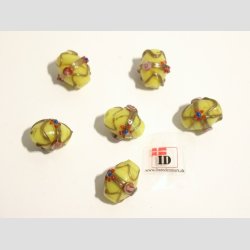 Renssance Glas Perler - Hndlavet Ovale Med Guld Strib/Blomst/Prik - Gule - 1,6cm