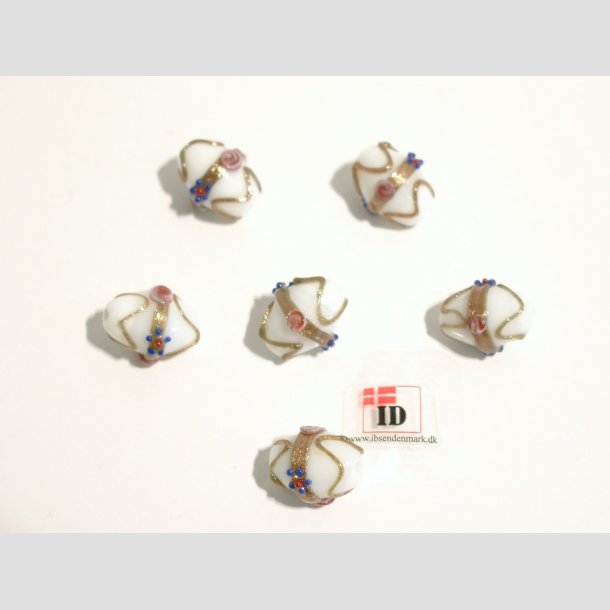 Renssance Glas Perler - Hndlavet Ovale Med Guld Strib/Blomst/Prik - Hvide - 1,6cm Perle6