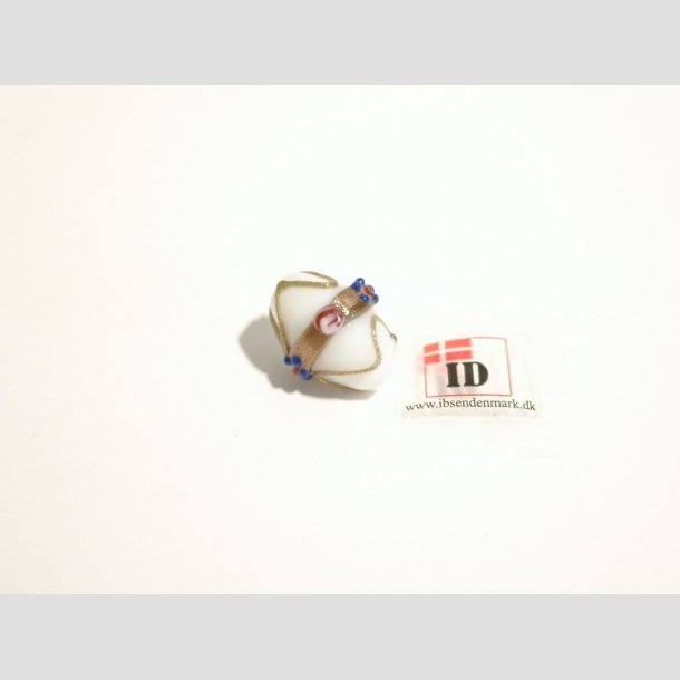 Renssance Glas Perler - Hndlavet Ovale Med Guld Strib/Blomst/Prik - Hvide - 1,6cm Perle1