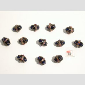 Renssance Glas Perler - Hndlavet Ovale Med Guld Strib/Blomst/Prik - Kobolt Bl - 1,6cm