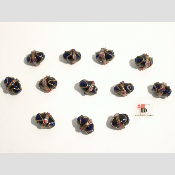 Renssance Glas Perler - Hndlavet Ovale Med Guld Strib/Blomst/Prik - Kobolt Bl - 1,6cm