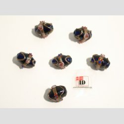 Renssance Glas Perler - Hndlavet Ovale Med Guld Strib/Blomst/Prik - Kobolt Bl - 1,6cm