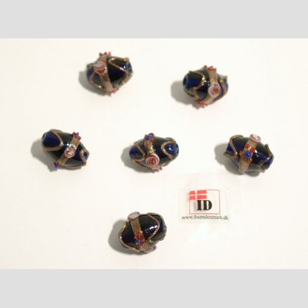 Renssance Glas Perler - Hndlavet Ovale Med Guld Strib/Blomst/Prik - Kobolt Bl - 1,6cm Perle6