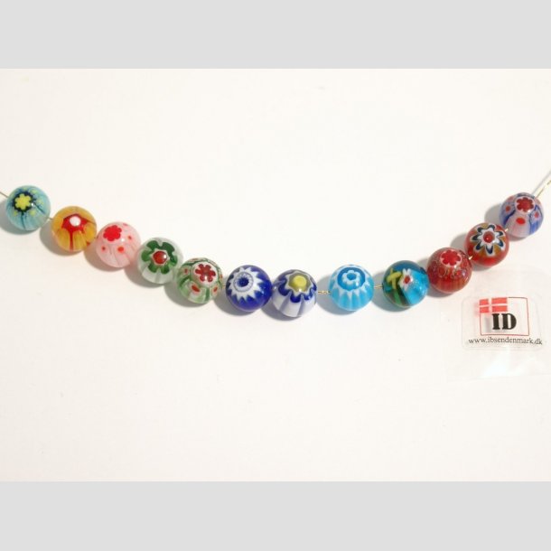 Millefiori Glas Perler - Rund Millefiori Blomst- 1cm Mix 12