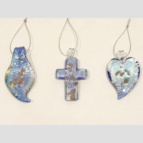 Glas Smykke Vedhng - Bl/Slv - Blad/Kors/Hjerte - 4-5cm