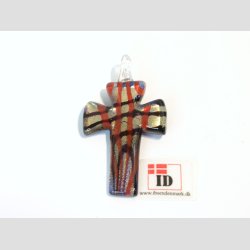 Glas Smykke Vedhng - Kors Vedhng Uden Rem - Rd Sort Striber Med Guld - 3x5cm