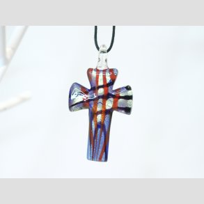 Glas Smykke Vedhng - Kors Vedhng Uden Rem - Rd Sort Striber Med Guld - 3x5cm