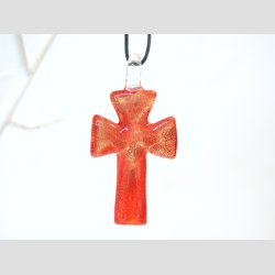 Glas Smykke Vedhng - Kors Vedhng Uden Rem - Rd Med Guld - 3x5cm