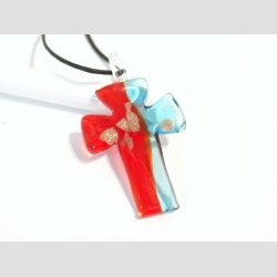 Glas Smykke Vedhng - Kors Vedhng Uden Rem - Rd/Bl Med Guld - 3x5cm