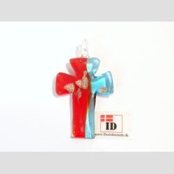 Glas Smykke Vedhng - Kors Vedhng Uden Rem - Rd/Bl Med Guld - 3x5cm