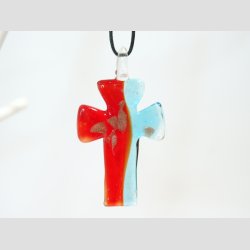 Glas Smykke Vedhng - Kors Vedhng Uden Rem - Rd/Bl Med Guld - 3x5cm