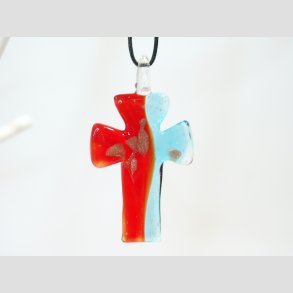 Glas Smykke Vedhng - Kors Vedhng Uden Rem - Rd/Bl Med Guld - 3x5cm