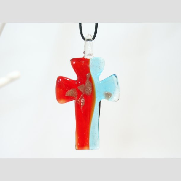 Glas Smykke Vedhng - Kors Vedhng Uden Rem - Rd/Bl Med Guld - 3x5cm