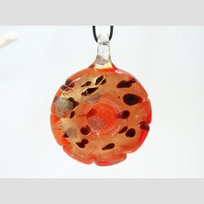 Glas Smykke Vedhng - Rund Vedhng Uden Rem - Rd Med Sort Prikker Og Guld - 4x5cm